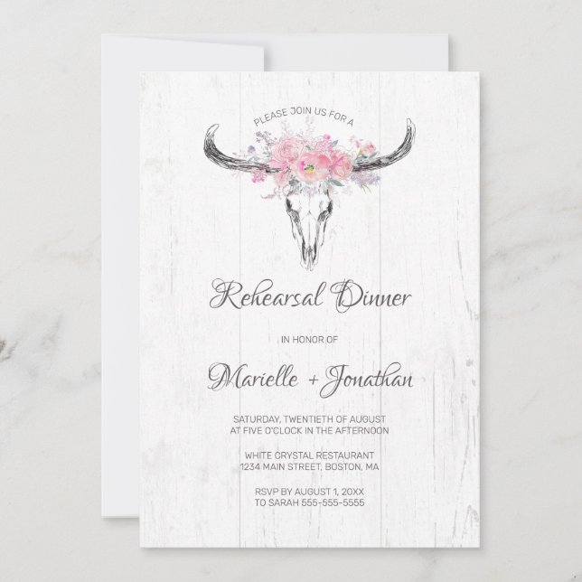 Invitation Dîner de répétition Floral Rose Rustique Boho Crân (Devant)