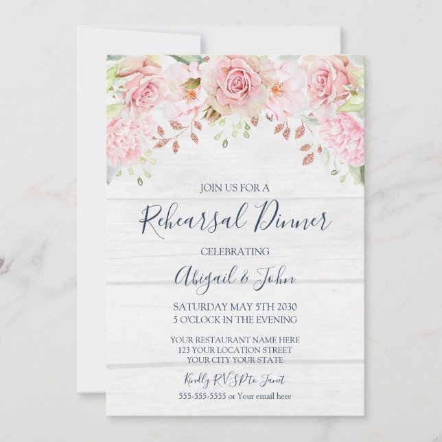 Invitation Dîner de répétition floral rose rustique de printe (Devant)