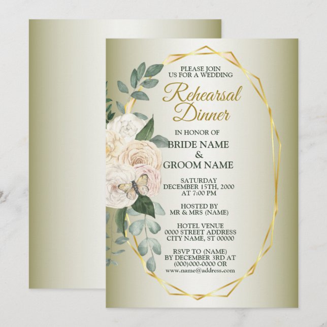 Invitation Dîner de répétition floral verdure géométrique or (Devant / Derrière)