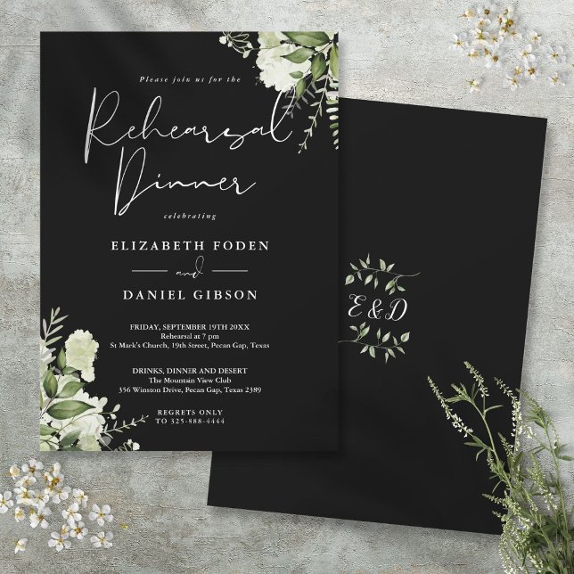 Invitation Dîner de répétition floral verdure noir et blanc (Greenery Floral Black And White Rehearsal Dinner Invitation)