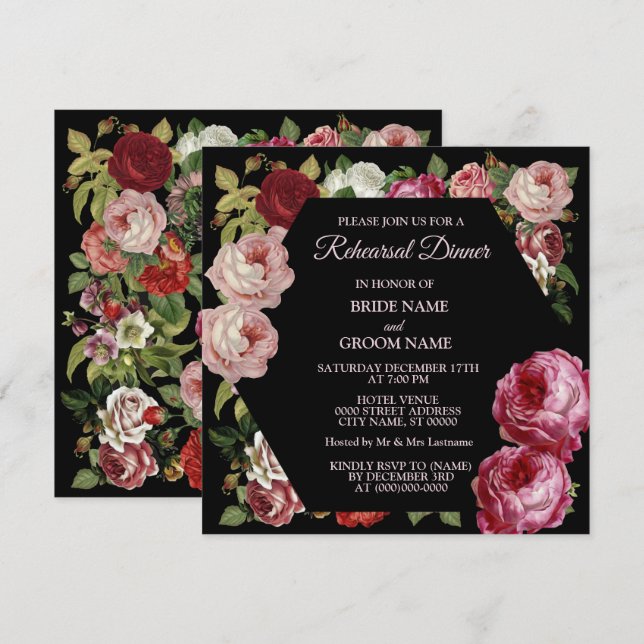 Invitation Dîner de répétition floral verdure rose rouge noir (Devant / Derrière)