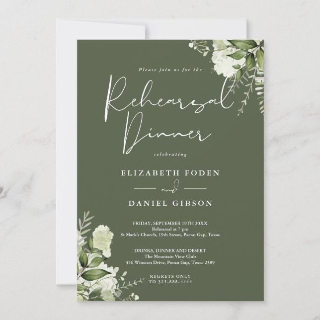 Invitation Dîner de répétition floral verdure vert olive (Devant)
