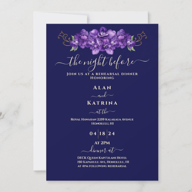 Invitation Dîner de répétition floral violet bleu marine (Devant)
