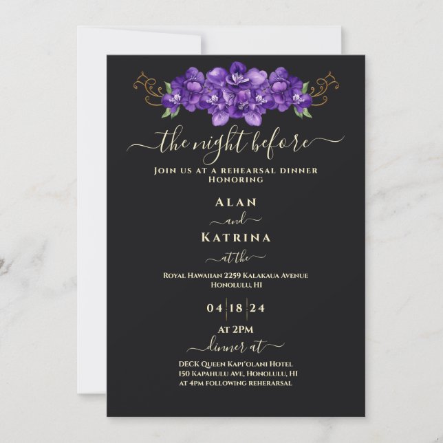 Invitation Dîner de répétition floral violet noir classique o (Devant)