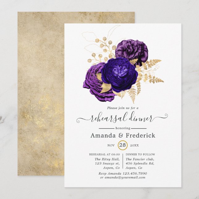 Invitation Dîner de répétition floral violet, pourpre et or (Devant / Derrière)