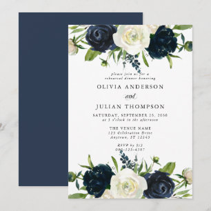 Invitation Dîner de répétition florale blanc bleu marine et c