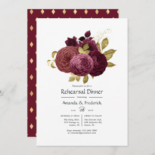 Invitation Dîner de répétition florale bourguignonne et or In