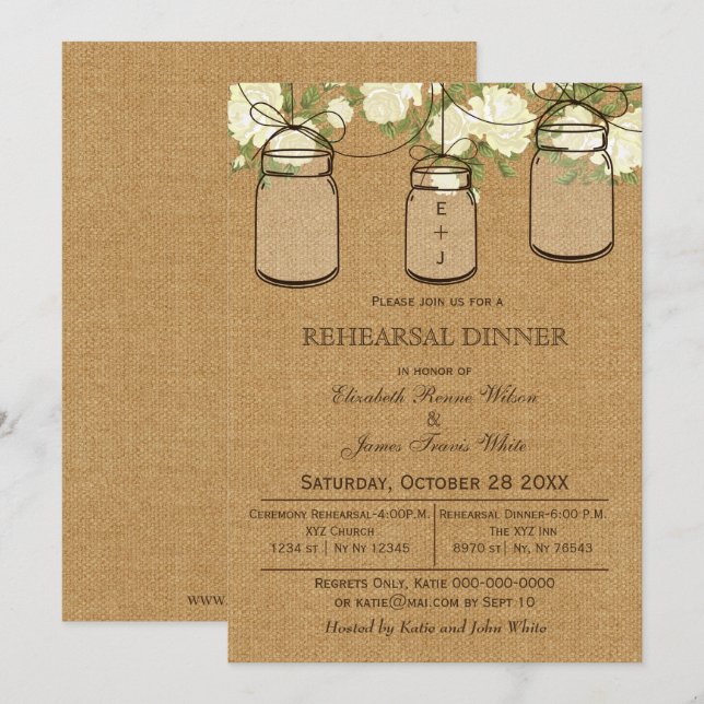Invitation Dîner de répétition florale Burlap Mason Jar (Devant / Derrière)