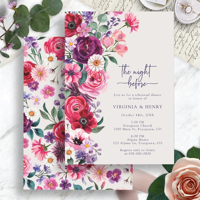 Invitation Dîner de répétition florale colorée (Colorful Floral Watercolor Rehearsal Dinner Invitation by Painted Paperie
)
