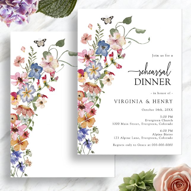 Invitation Dîner de répétition florale colorée (Colorful Floral Rehearsal Dinner Invitation with Butterfly by Painted Paperie
)