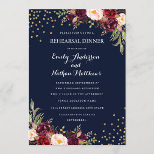 Invitation Dîner de répétition florale de la Marine Burgundy