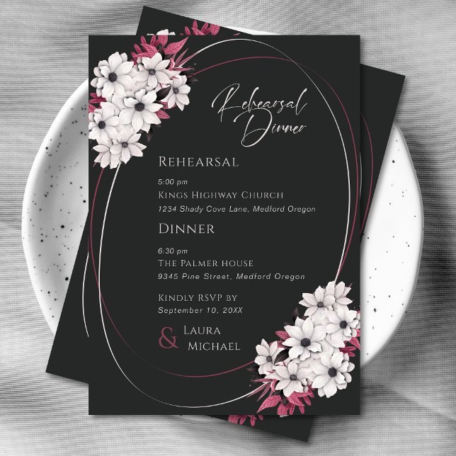 Invitation Dîner de répétition florale élégant Magenta noir (Créateur téléchargé)