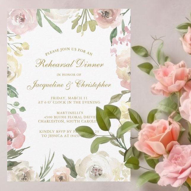 Invitation Dîner de répétition florale en or rose vif élégant (Créateur téléchargé)