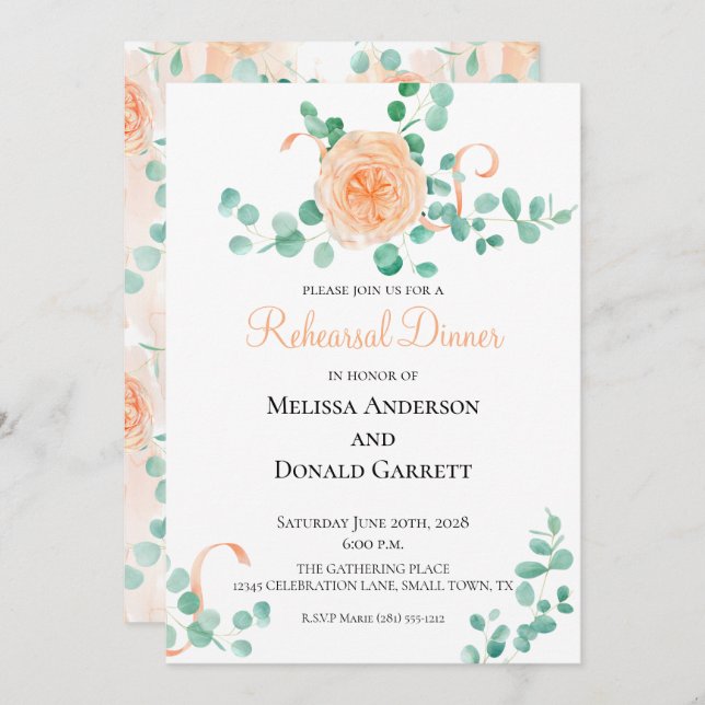 Invitation Dîner de répétition florale Eucalyptus Green Peach (Devant / Derrière)