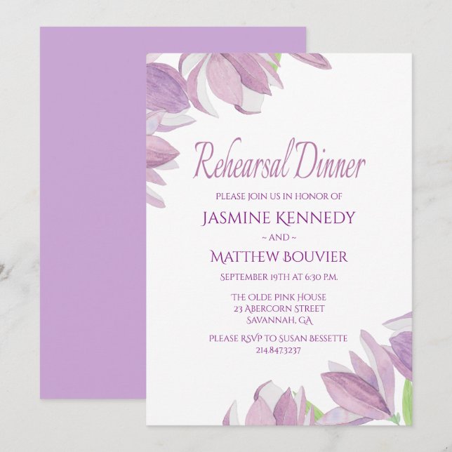 Invitation Dîner de répétition florale Fleurs d'aquarelle vio (Devant / Derrière)