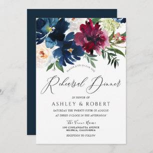 Invitation Dîner de répétition florale Marine, Bourgogne et B