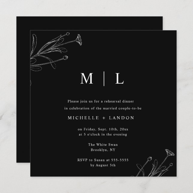 Invitation Dîner de répétition florale noir et blanc Invitati (Devant / Derrière)