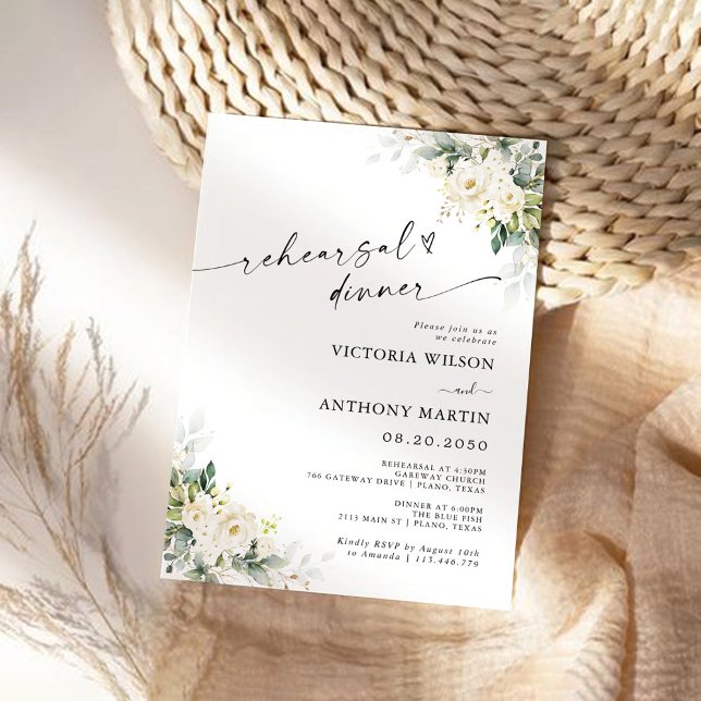 Invitation Dîner de répétition florale Roses blanches Invitat (Créateur téléchargé)