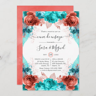 Invitation Dîner de répétition Florale Turquoise & Coral