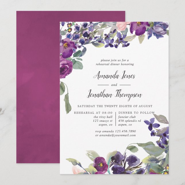 Invitation Dîner de répétition florale violet et prune invita (Devant / Derrière)