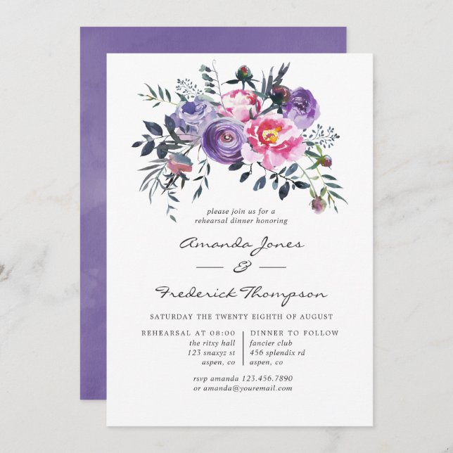 Invitation Dîner de répétition florale violet et rose (Devant / Derrière)