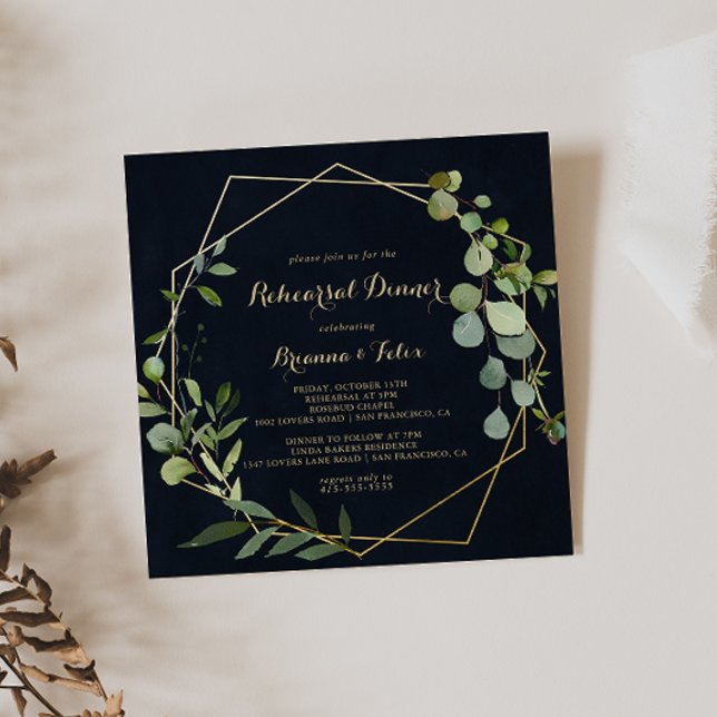 Invitation Dîner de répétition géométrique bleu or vert (Créateur téléchargé)