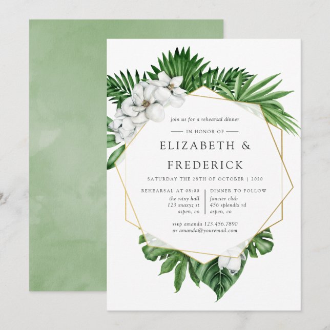 Invitation Dîner de répétition géométrique de verdure tropica (Devant / Derrière)
