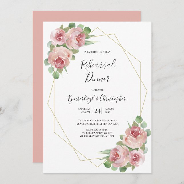 Invitation Dîner de répétition géométrique en bois rose Dusty (Devant / Derrière)
