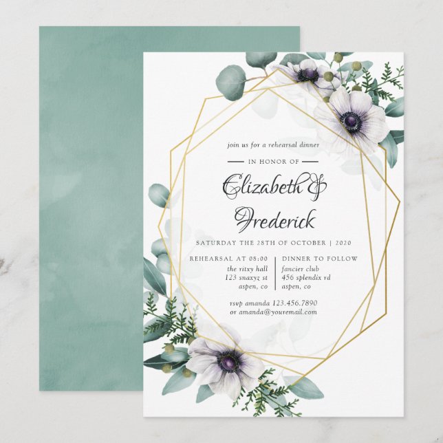 Invitation Dîner de répétition géométrique Eucalyptus Anemone (Devant / Derrière)