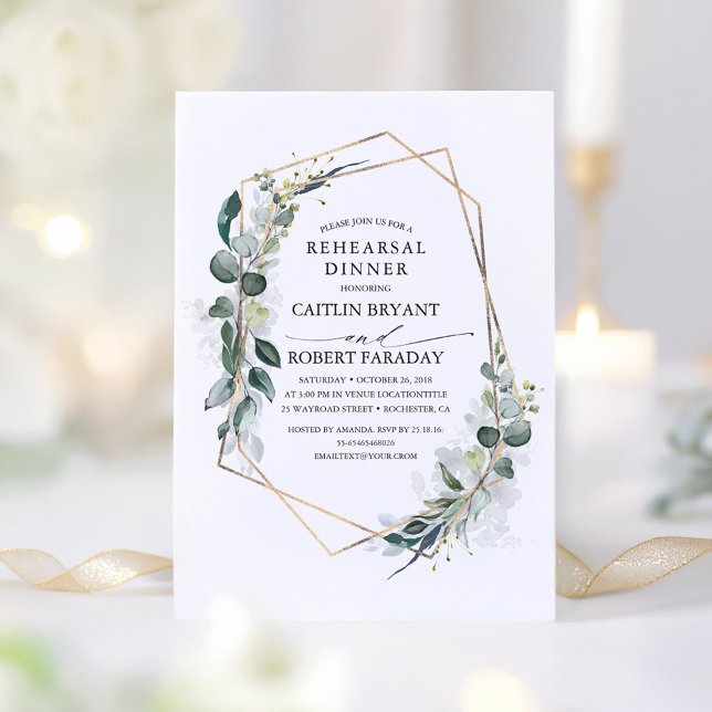 Invitation Dîner de répétition géométrique Eucalyptus Greener (Greenery Elegant Rehearsal Dinner Invitation)