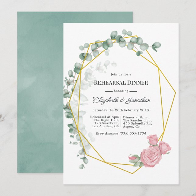 Invitation Dîner de répétition géométrique Eucalyptus Rose (Devant / Derrière)