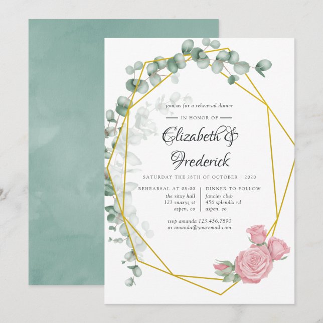 Invitation Dîner de répétition géométrique Rose Eucalyptus (Devant / Derrière)