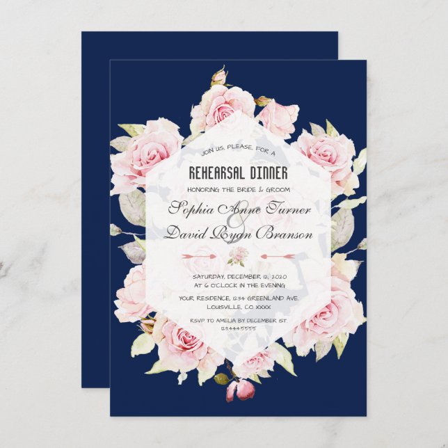 Invitation Dîner de répétition géométrique rose Floral Navy (Devant / Derrière)