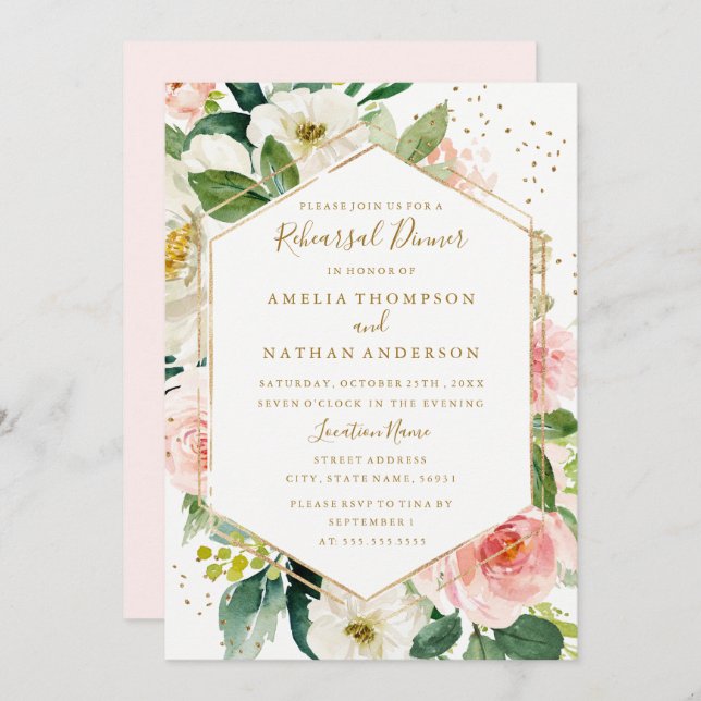 Invitation Dîner de répétition géométrique rose or (Devant / Derrière)