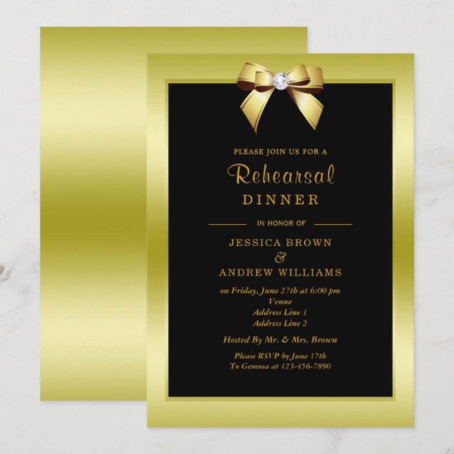 Invitation Dîner de répétition Glam Gold Bow & Black (Devant / Derrière)