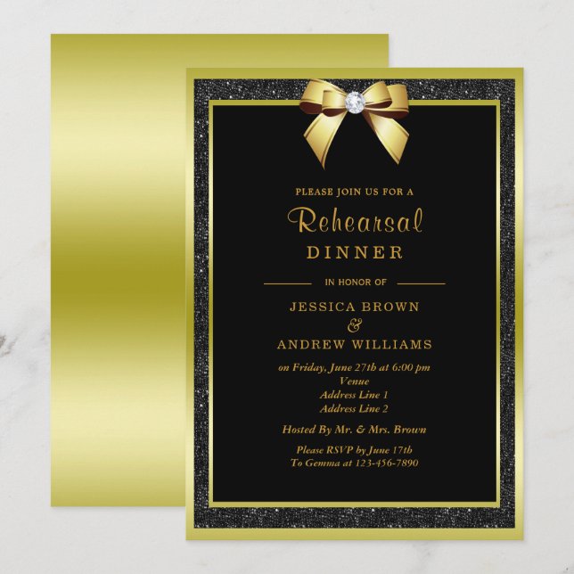 Invitation Dîner de répétition Glam Gold Bow & Black Glitter (Devant / Derrière)