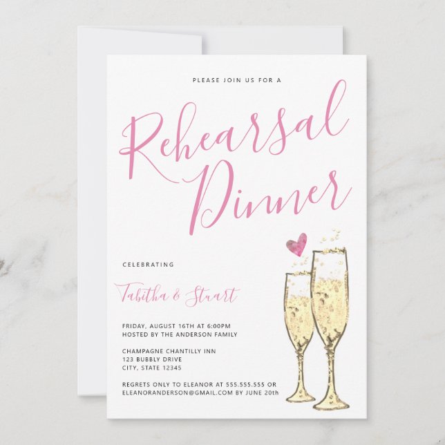 Invitation Dîner de répétition Gold Champagne Flutes (Devant)