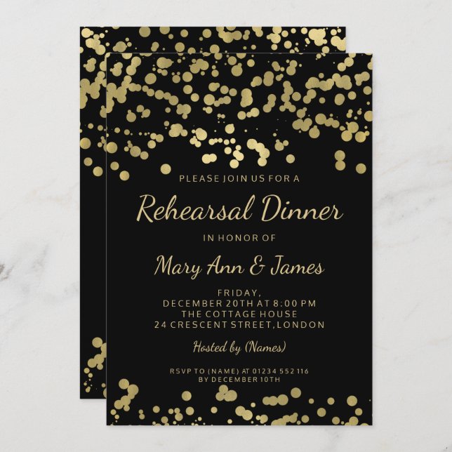 Invitation Dîner de répétition Gold Foil Look Confetti (Devant / Derrière)
