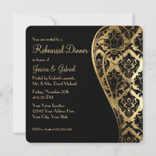 Invitation Dîner de répétition, Gold Leaf Look Damask Scroll