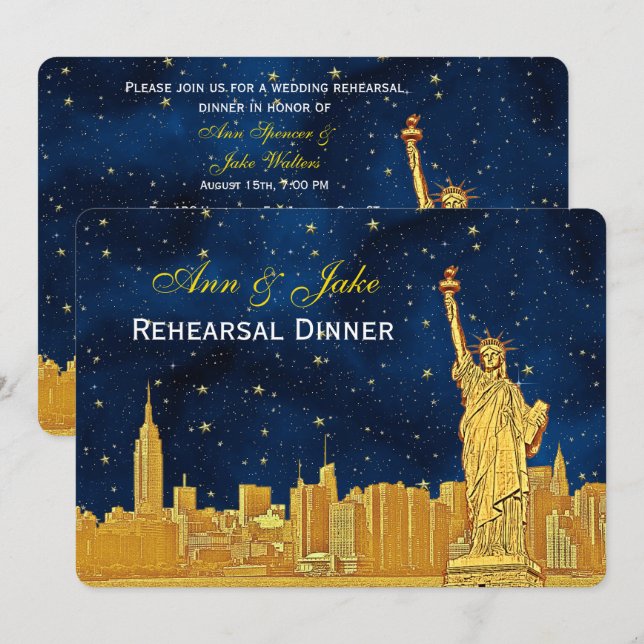 Invitation Dîner de répétition Gold NYC Skyline #2 Blue Starr (Devant / Derrière)