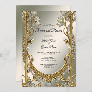 Invitation Dîner de répétition Gold Ornate White Floral