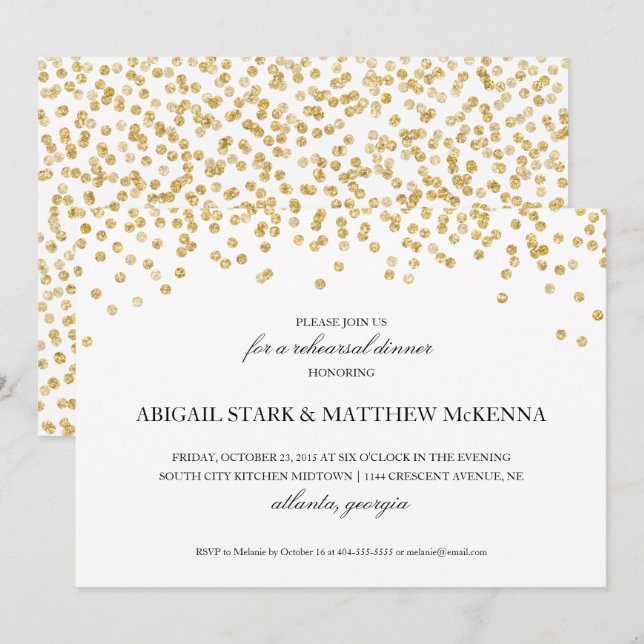 Invitation Dîner de répétition Gold Sparkle Confetti Invitati (Devant / Derrière)
