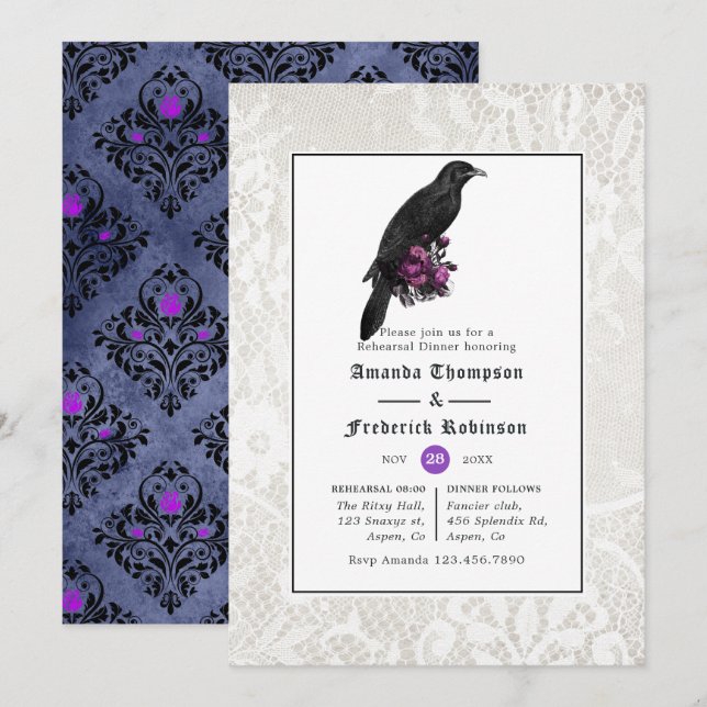 Invitation Dîner de répétition gothique à dentelle et damas f (Devant / Derrière)