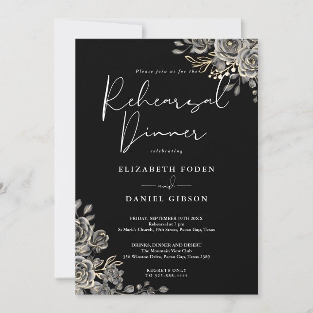 Invitation Dîner de répétition gothique floral blanc et or (Devant)