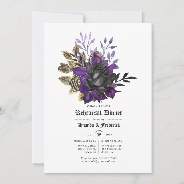 Invitation Dîner de répétition gothique floral noir pourpre o (Devant)