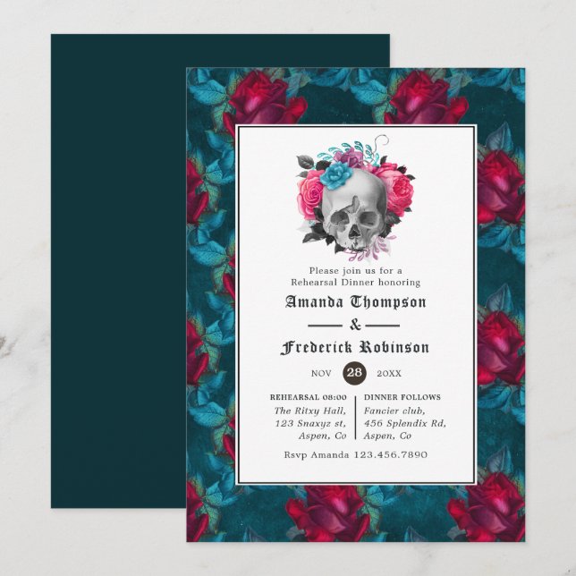 Invitation Dîner de répétition gothique floral sarcelle et bo (Devant / Derrière)
