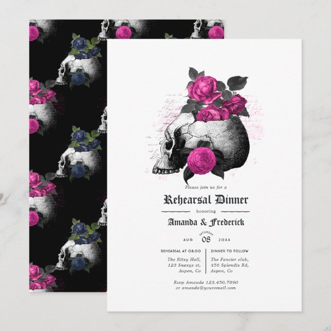 Invitation Dîner de répétition gothique rose chaud et bleu ma (Devant / Derrière)