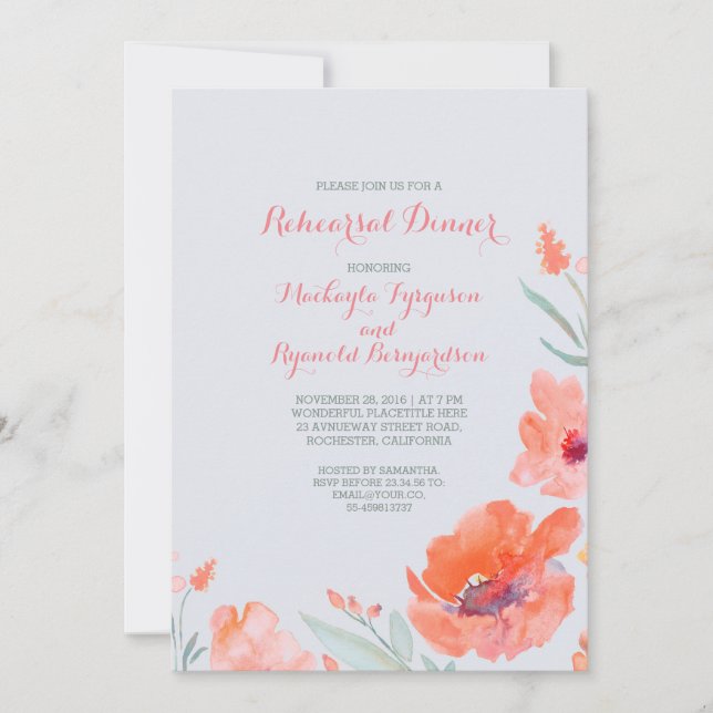 Invitation Dîner de répétition gourmande de fleurs d'aquarell (Devant)