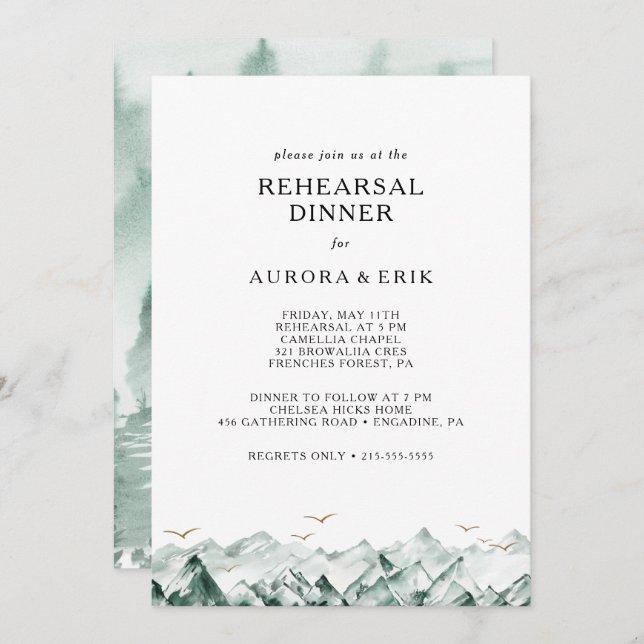 Invitation Dîner de répétition Green and Gold Mountain (Devant / Derrière)