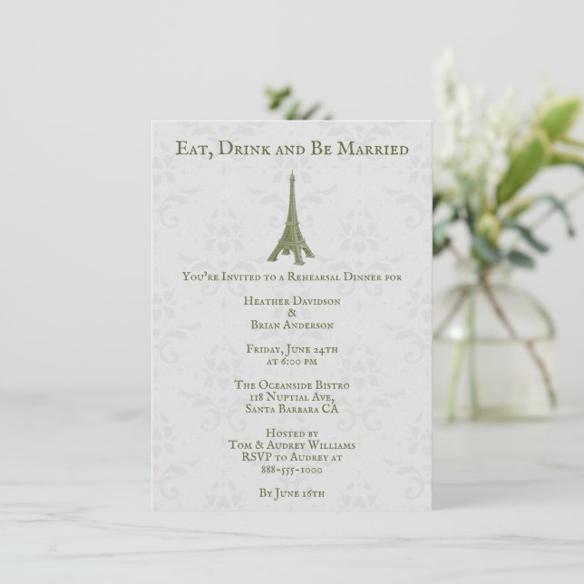 Invitation Dîner de répétition Green Eiffel Tower Mariage dam (Debout devant)